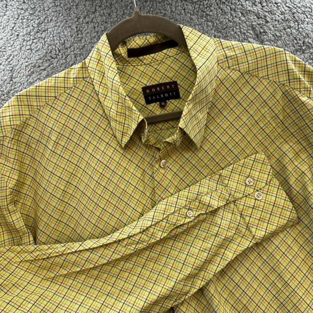 Robert Talbott Mens XL Yellow Multi Color Grid Plaid Cotton Button Down Shirt